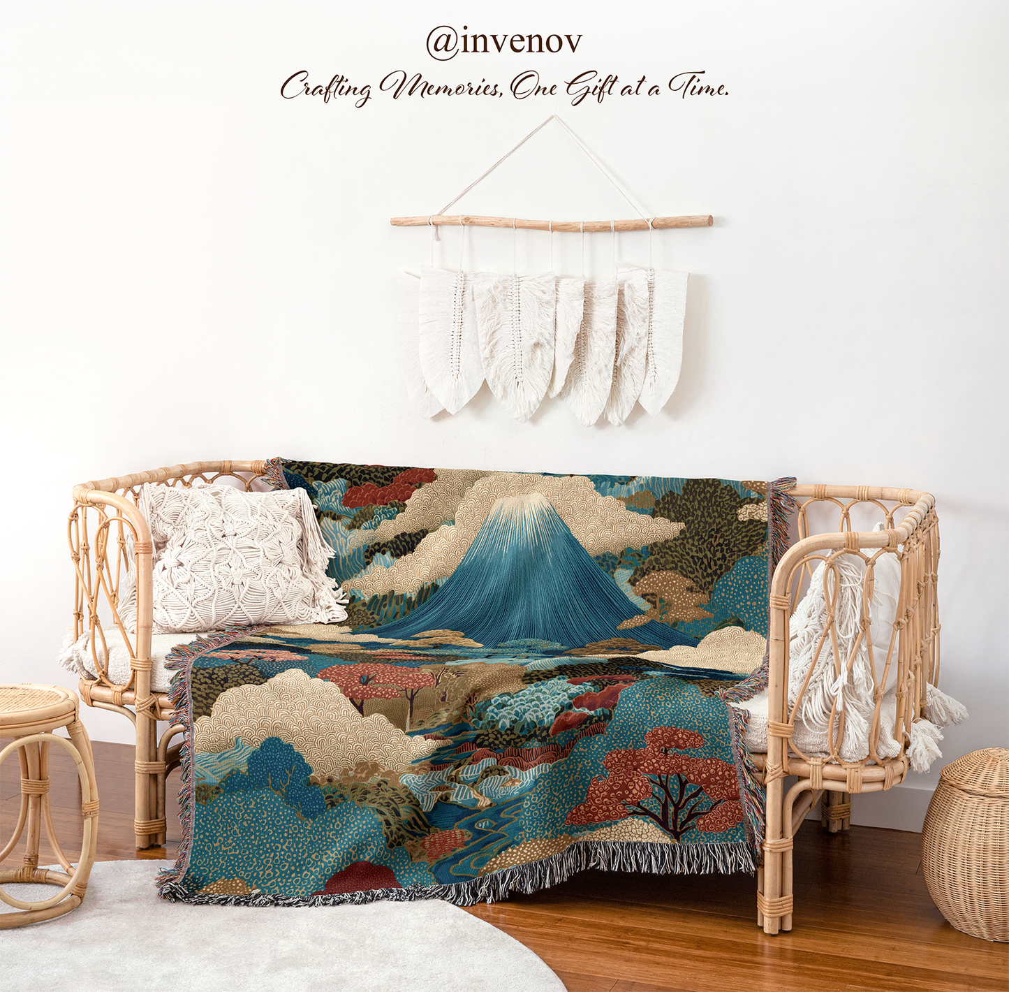 Decorative blanket with mountain design on a wicker chair