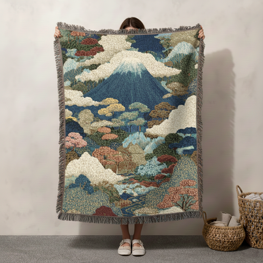 Mount Fuji Woven Blanket, Japanese Landscape Throw, Boho Artistic Japan Tapestry Blanket, Cozy Nature-Inspired Home Decor, Sofa Bed Cover
