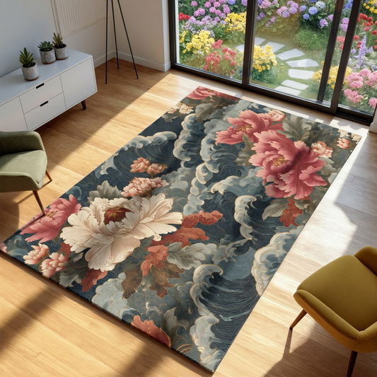Floral patterned rug on a wooden floor with a garden view outside.