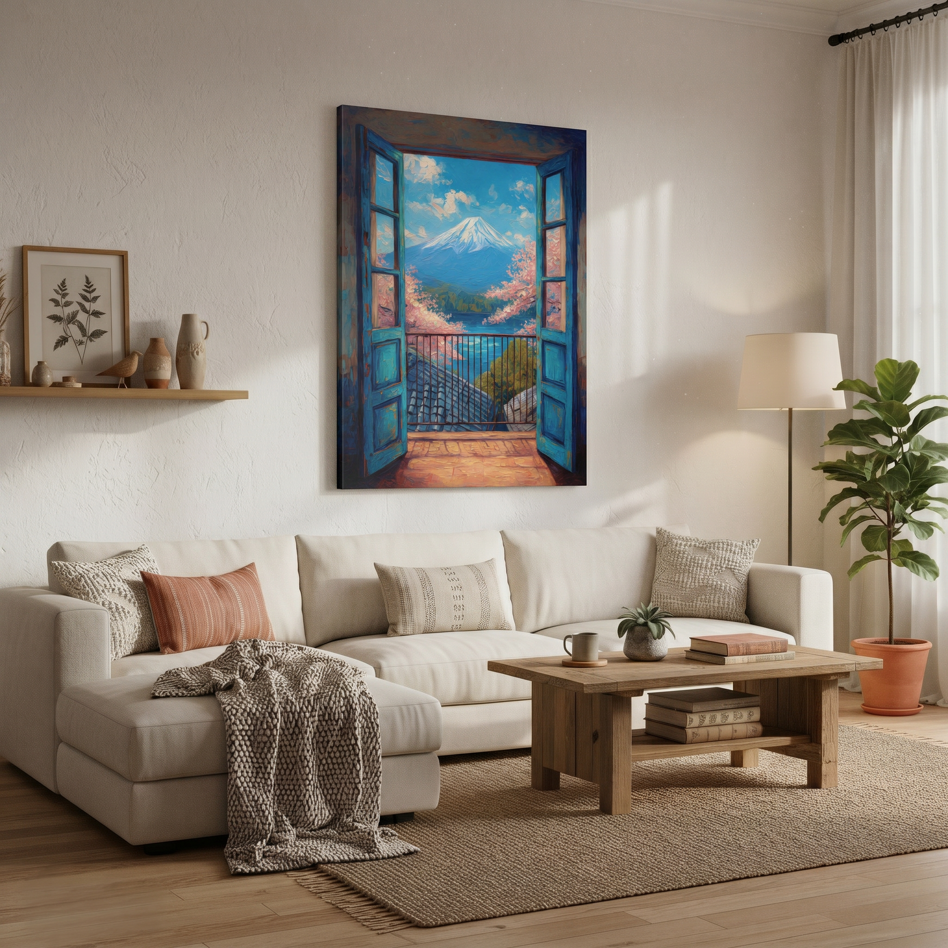 Living room with a sectional sofa, coffee table, and wall art of an open door leading to a mountain scene.