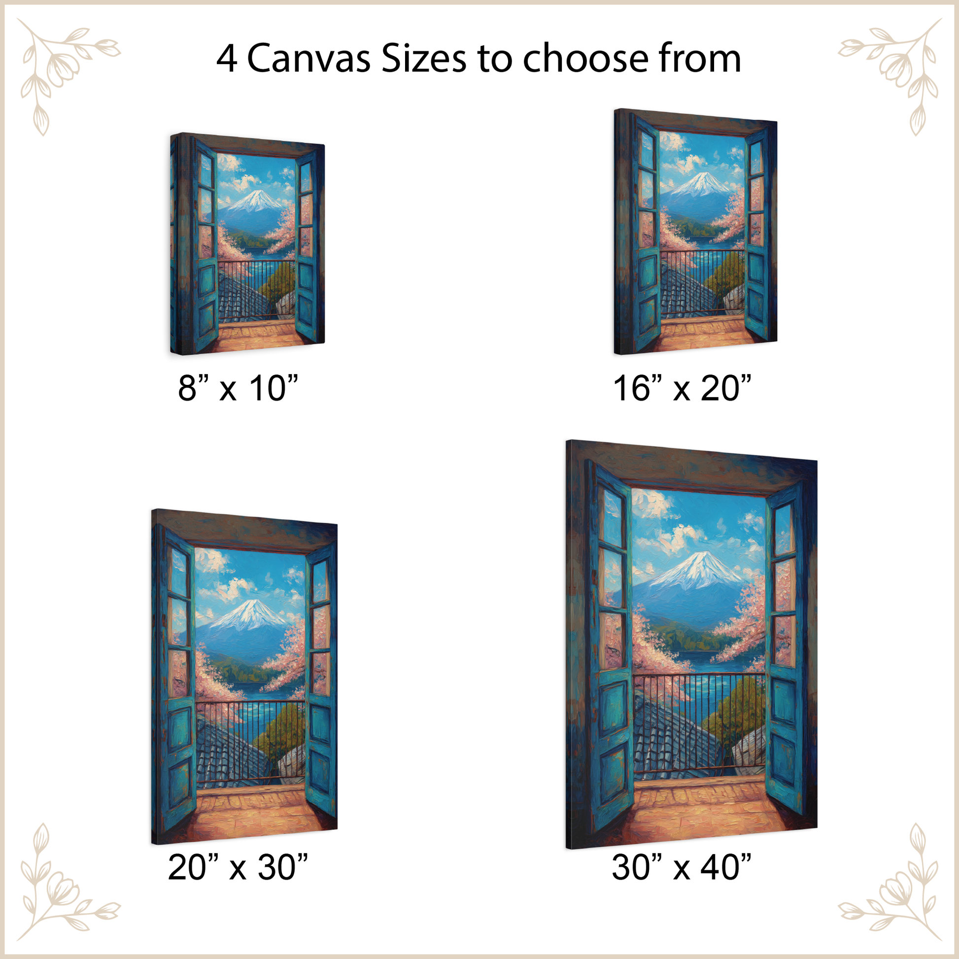 Canvas prints of a mountain view with different sizes displayed.