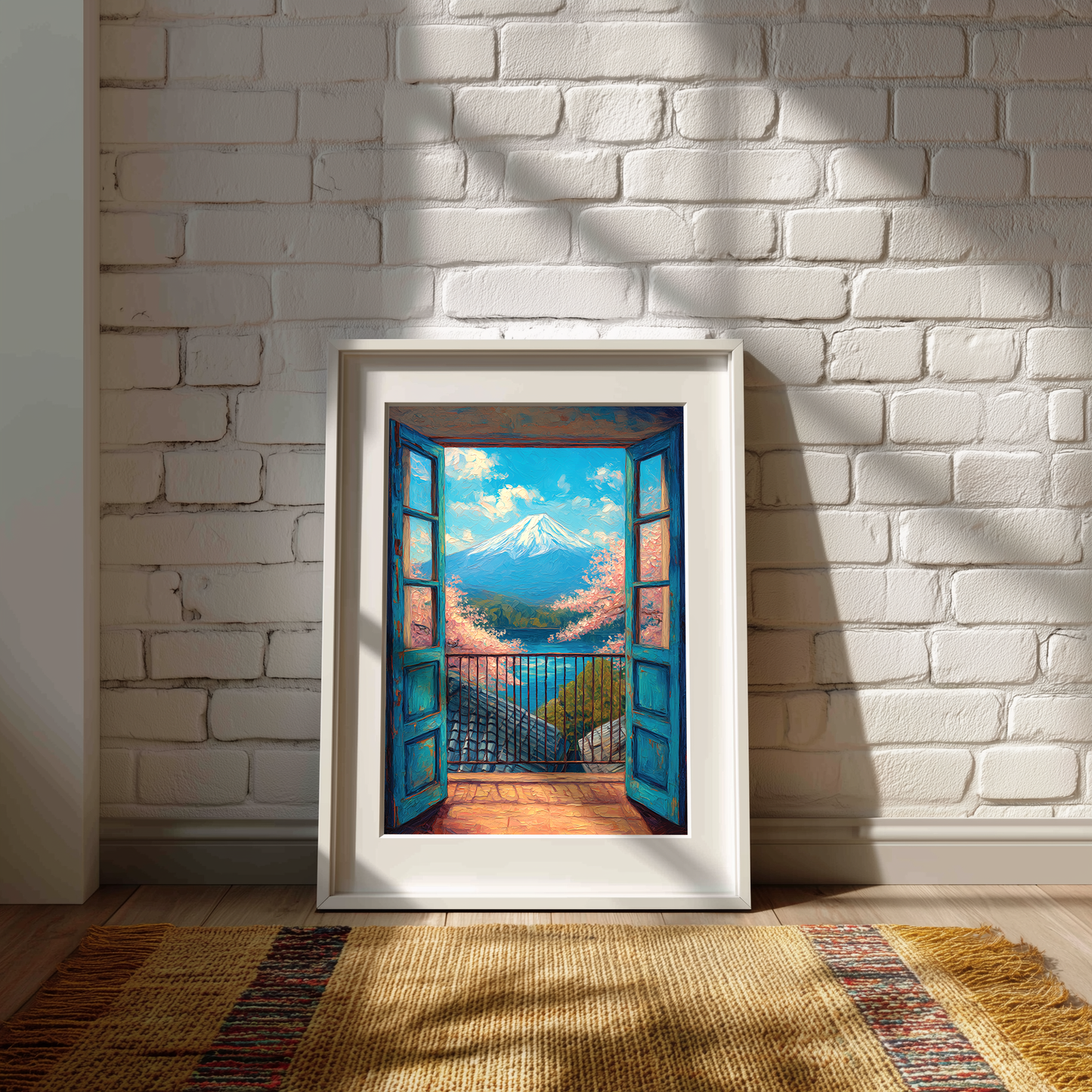 Framed artwork of a mountain landscape with open doors on a white brick wall.