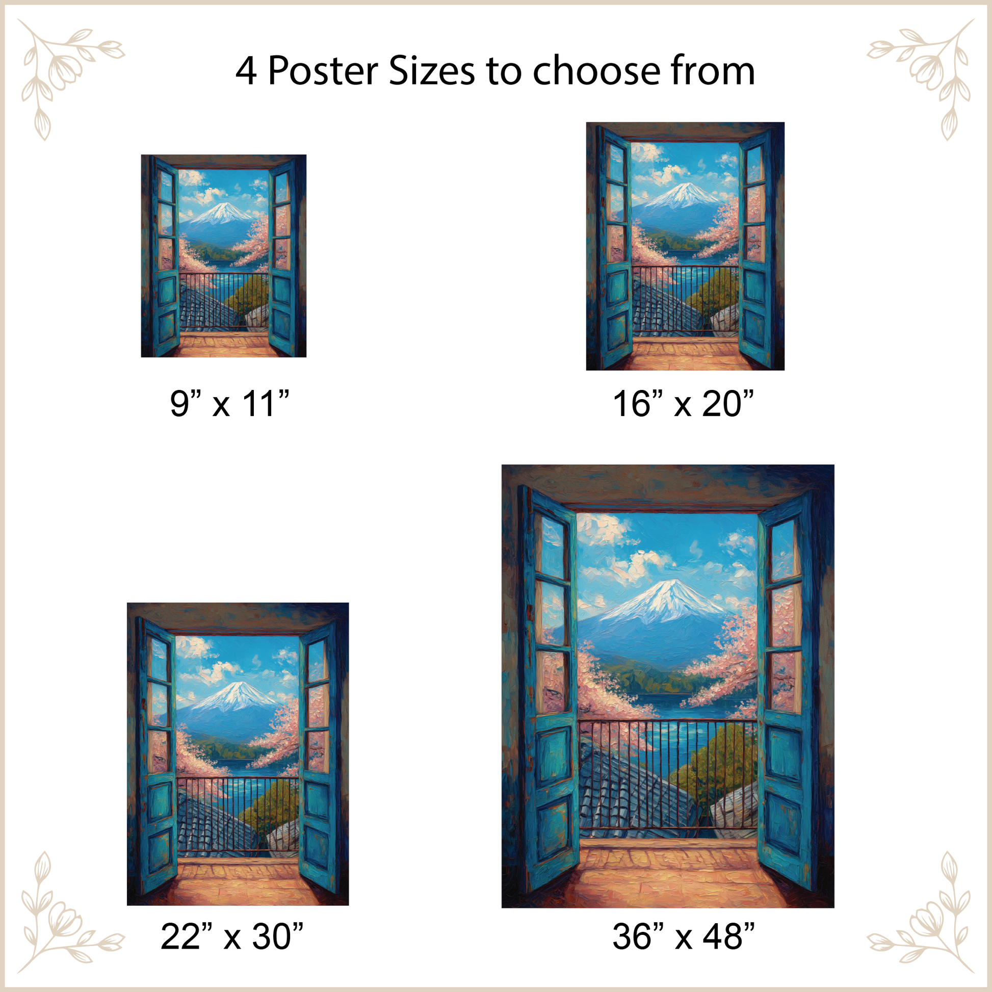 Poster with different size options showing a scenic view of mountains and a balcony.