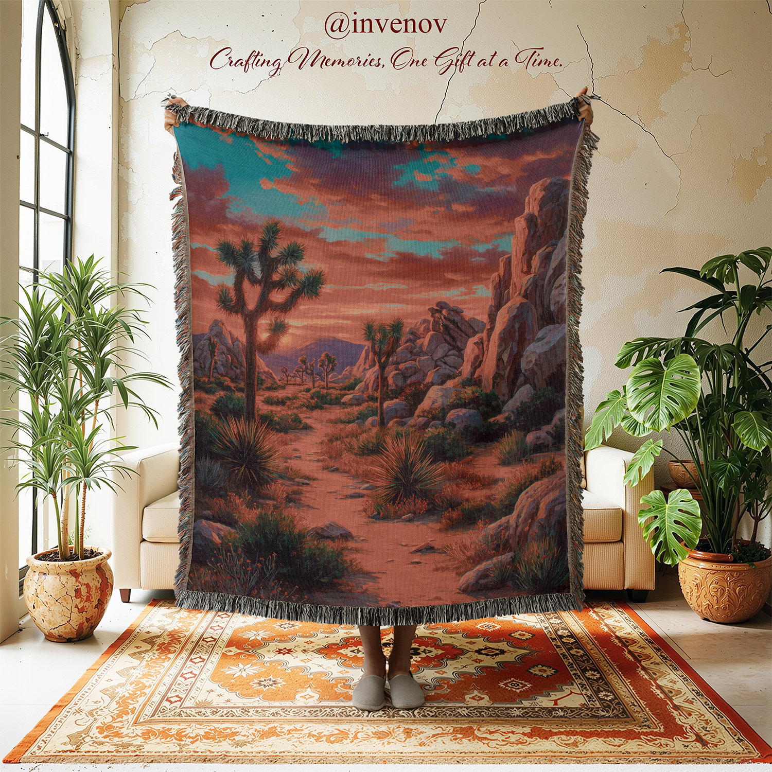 Person holding a desert landscape tapestry in a room with plants and a rug.