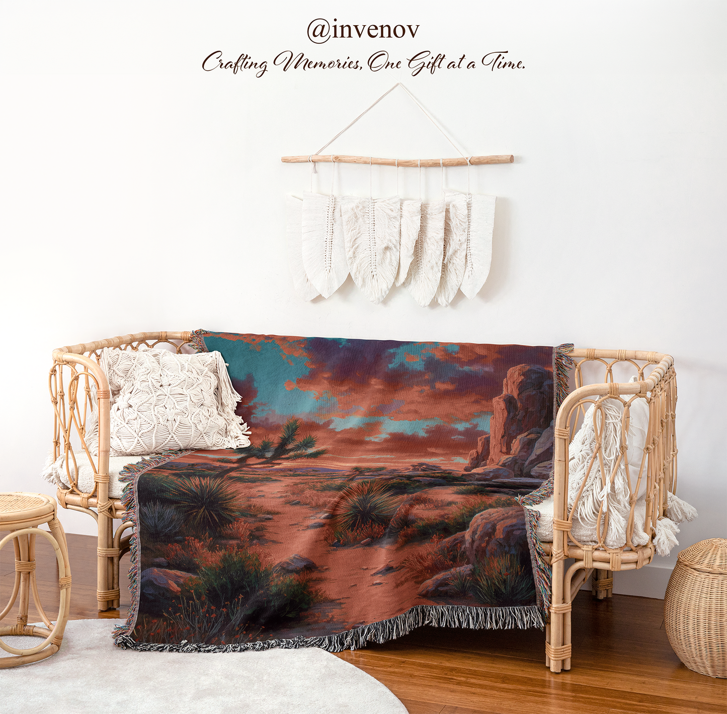Woven chair with a scenic blanket draped over it