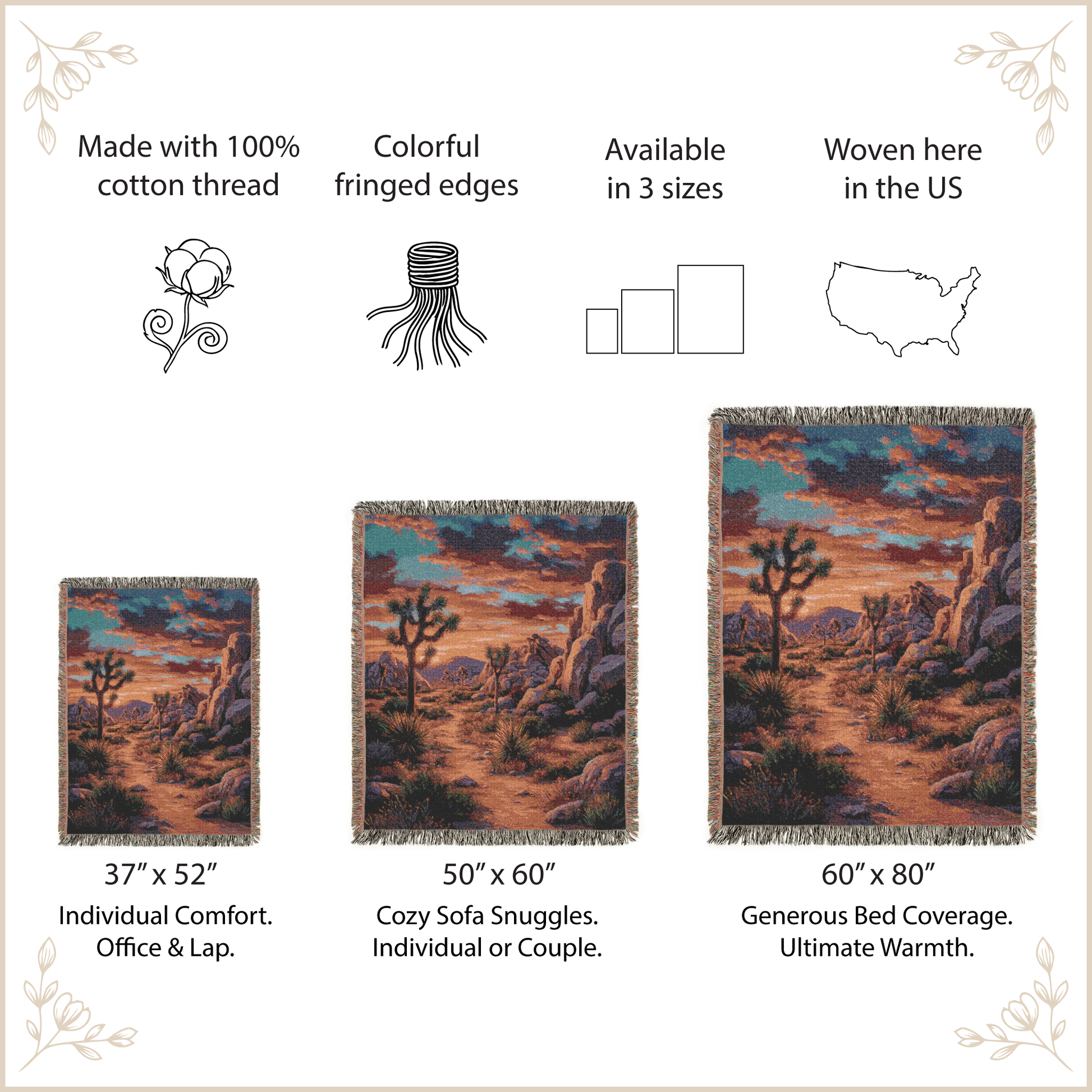 Desert landscape-themed woven blanket with size options and features listed.