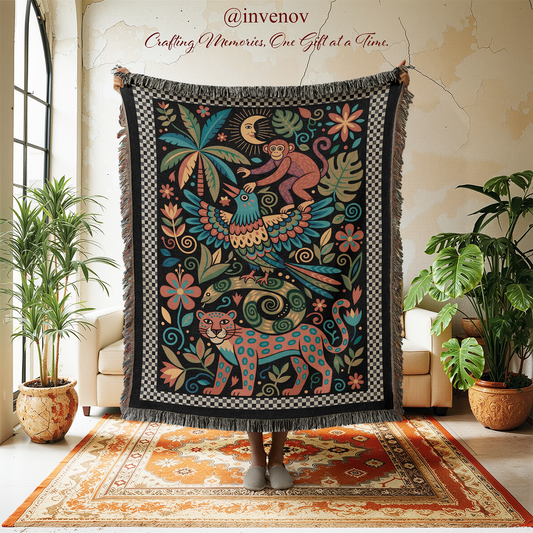 Folk Art Jungle Woven Blanket, Monkey Leopard Throw, Checkered Border Tapestry, Maximalist Boho Decor, Whimsical Animal Art, Tropical Gift