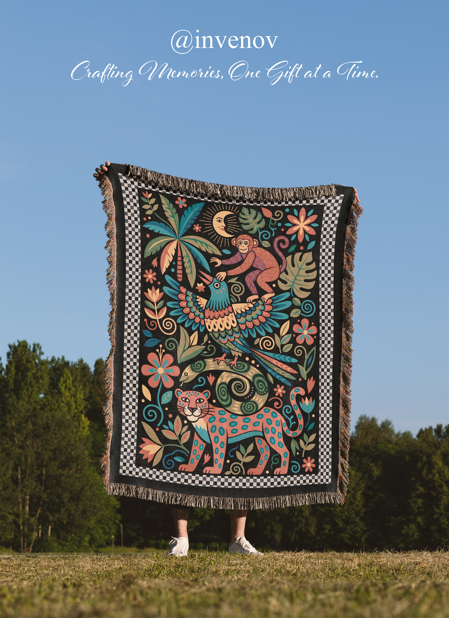 Folk Art Jungle Woven Blanket, Monkey Leopard Throw, Checkered Border Tapestry, Maximalist Boho Decor, Whimsical Animal Art, Tropical Gift