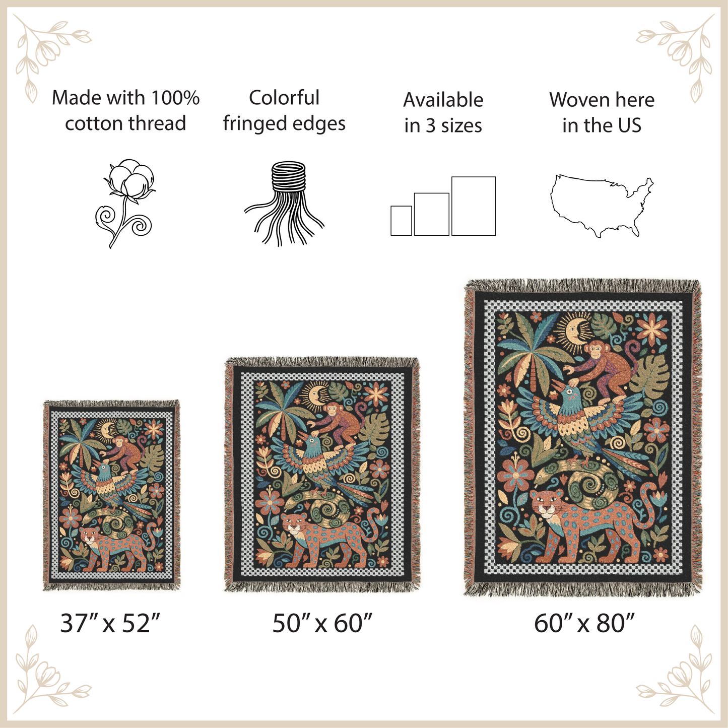 Folk Art Jungle Woven Blanket, Monkey Leopard Throw, Checkered Border Tapestry, Maximalist Boho Decor, Whimsical Animal Art, Tropical Gift