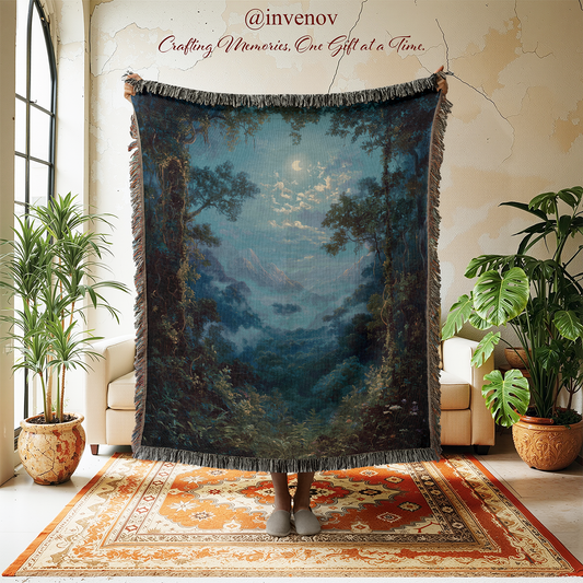 Decorative tapestry with nature scene in a room with plants and furniture.