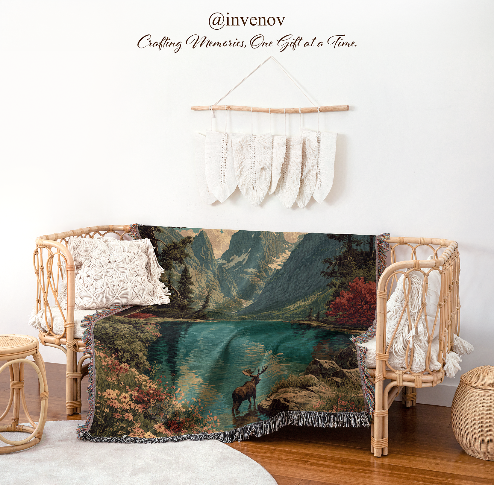 Decorative blanket with nature design draped over a wicker chair