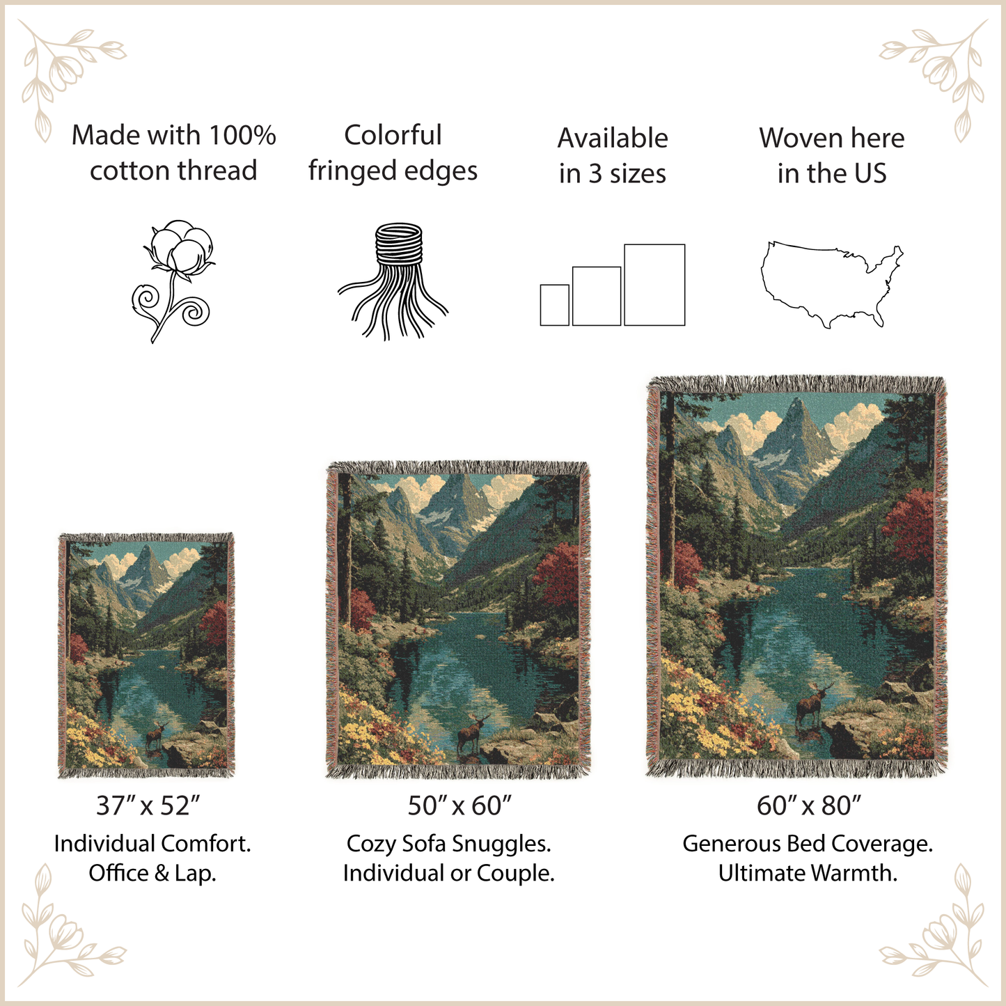 Three mountain-themed woven blankets with size specifications and features listed.