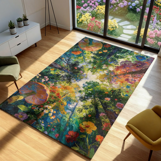 Colorful floral rug on a wooden floor with a garden view outside.