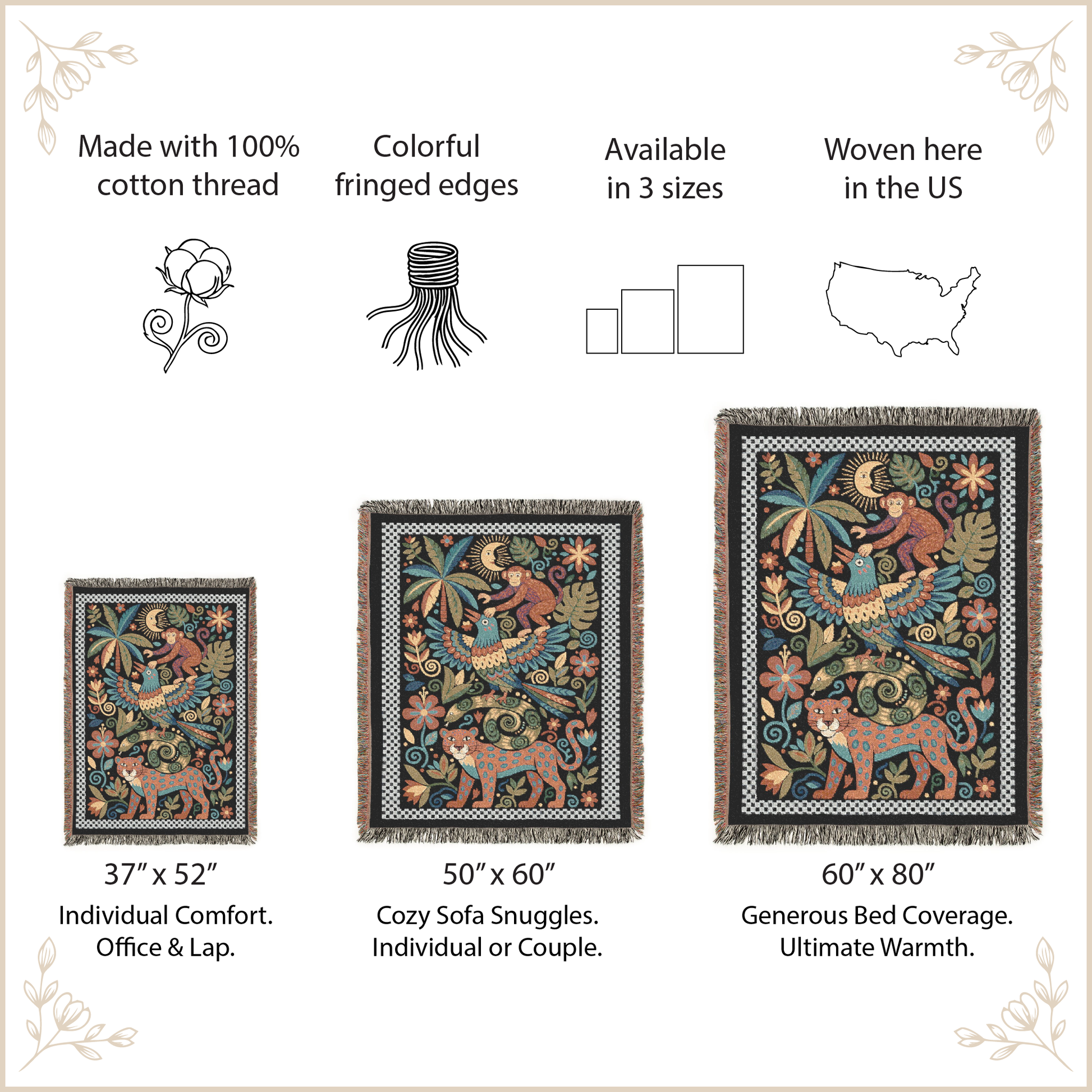 Woven blanket with colorful design, size options, and features listed on a beige background.