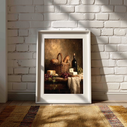 Rustic Wine and Cheese Oil Painting Style Wall Art Print, Vintage Style Kitchen Decor Canvas or Poster, European Bistro Dining Room Artwork