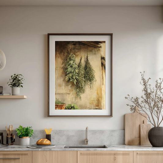 Rustic Herb Drying Wall Art Print, Farmhouse Canvas or Poster for Kitchen Decor, Botanical Cottagecore Home Decor, Watercolor Style Print