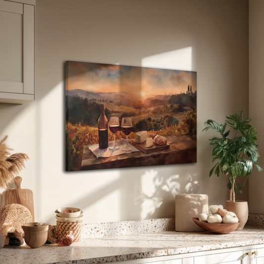 Vineyard Sunset Wall Art, Tuscany Wine and Cheese Countryside Canvas Poster Print, Italian Kitchen Poster, Romantic Wine Country Home Decor