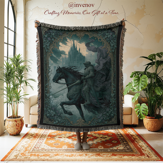 Decorative tapestry with a castle and horse design in a room with plants and furniture.