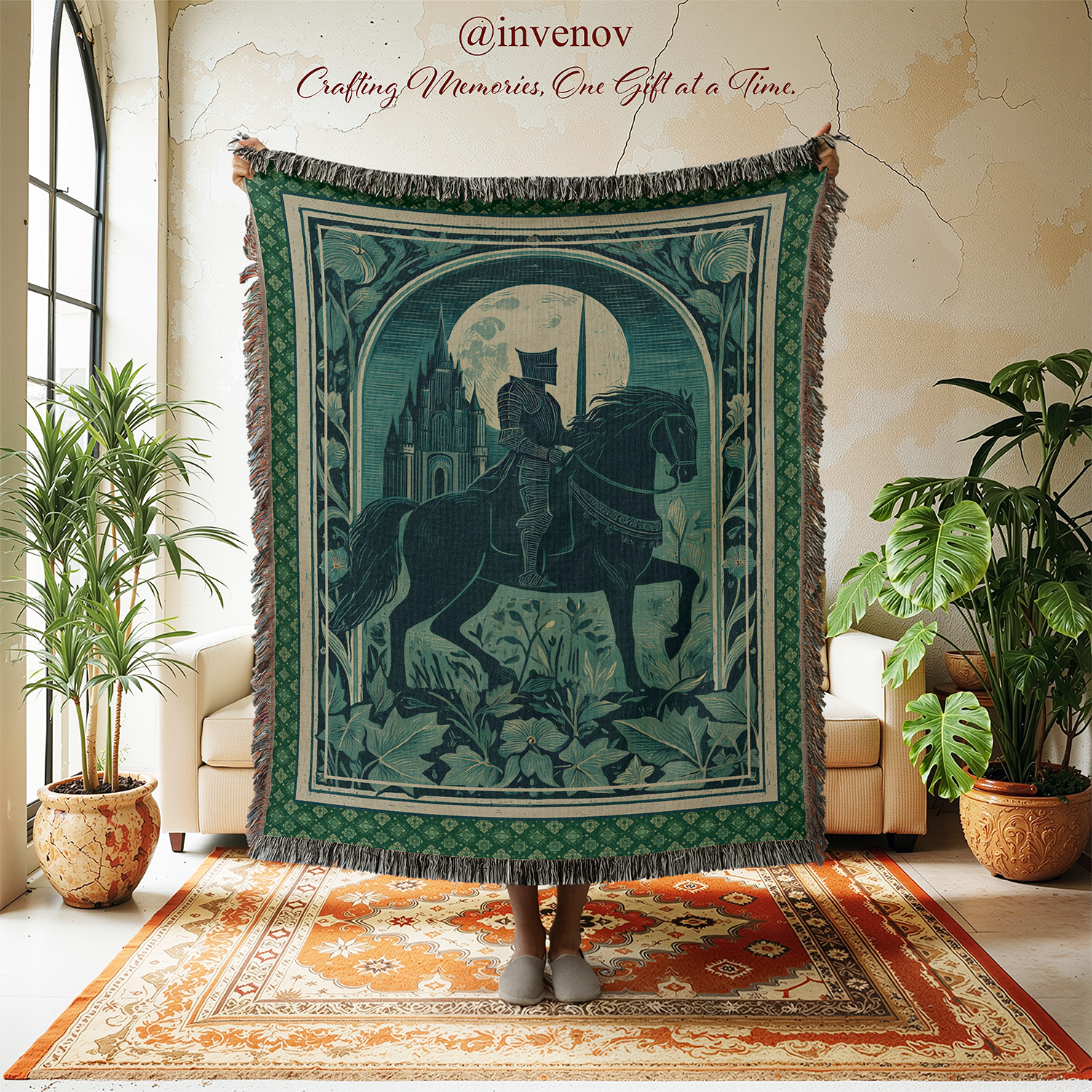 Decorative tapestry with a knight on a horse design in a living room setting.