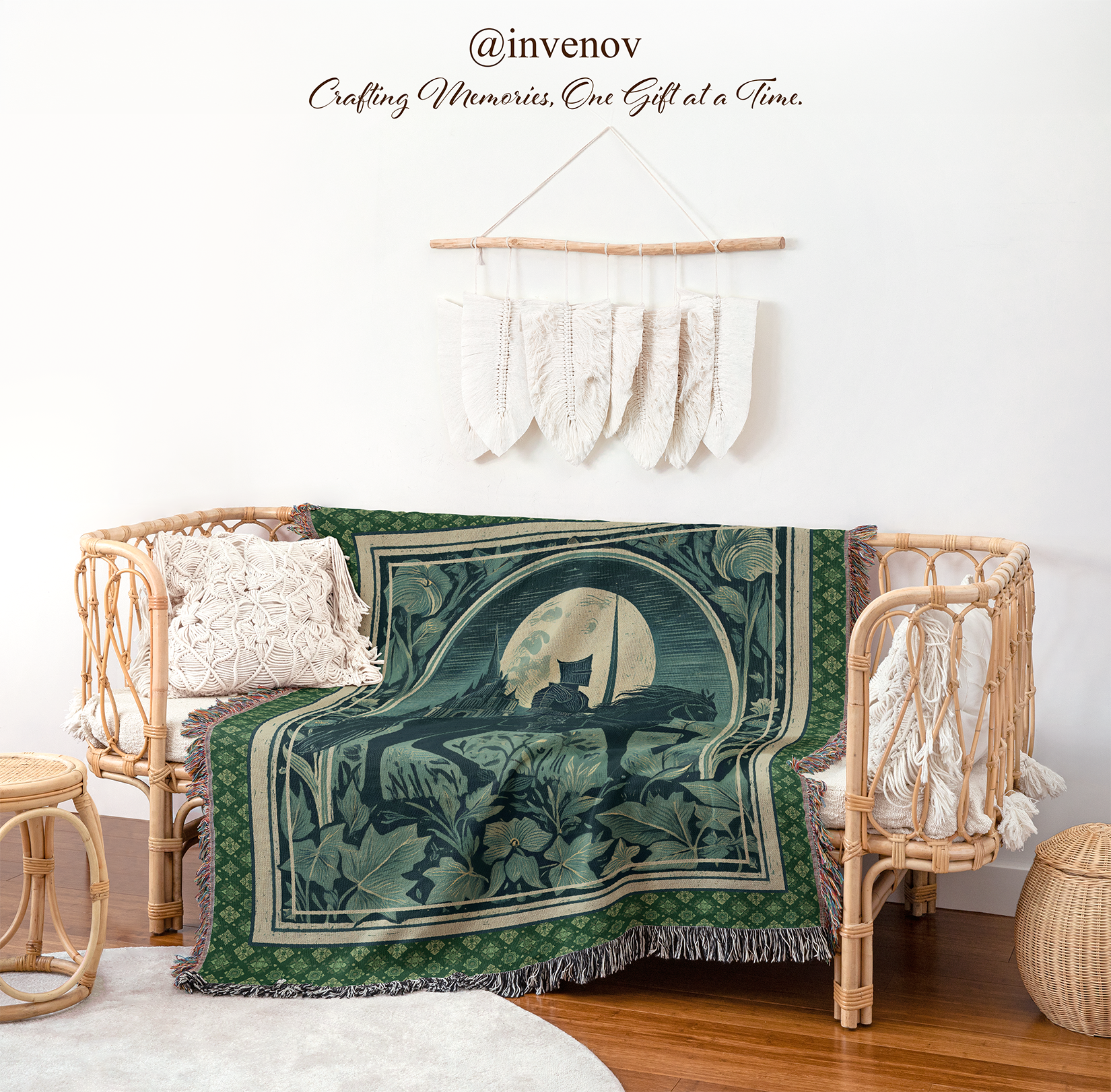 Decorative blanket with nature-themed design on a wicker chair