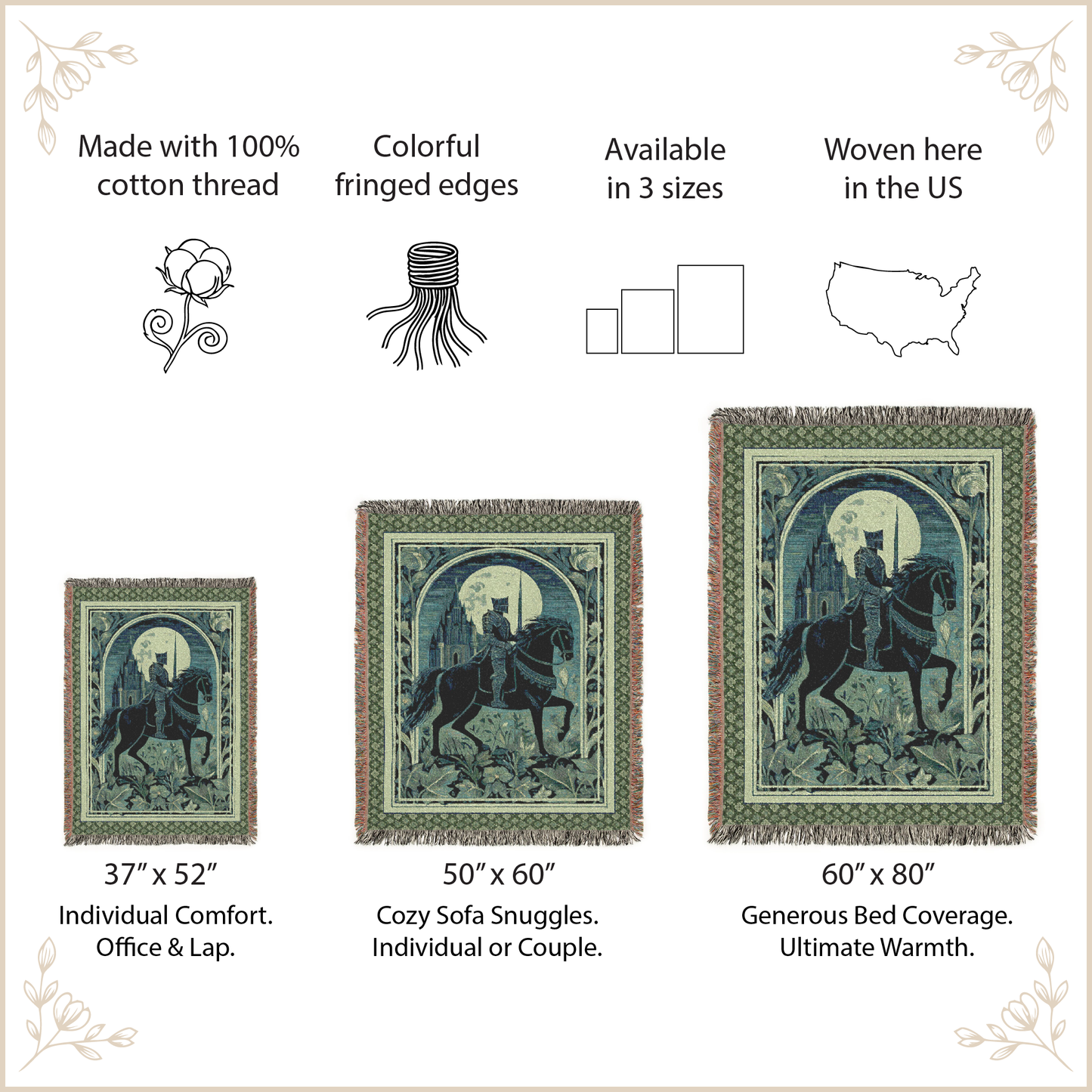 Woven tapestry with horse and moon design, featuring product size options and manufacturing details.