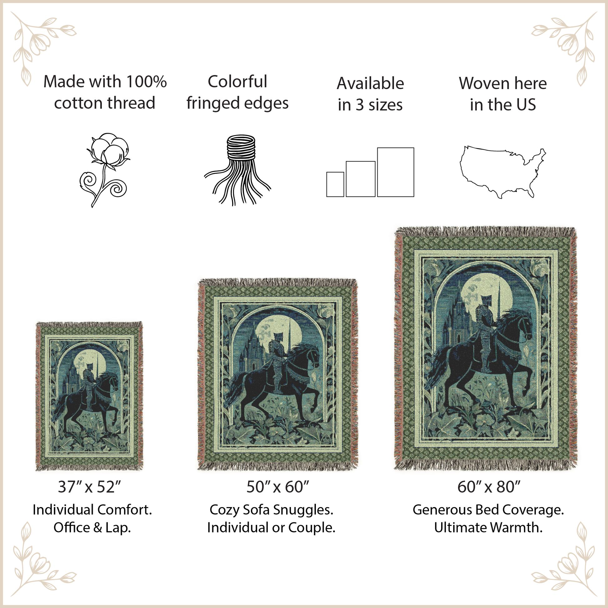 Woven tapestry with horse and moon design, featuring product size options and manufacturing details.