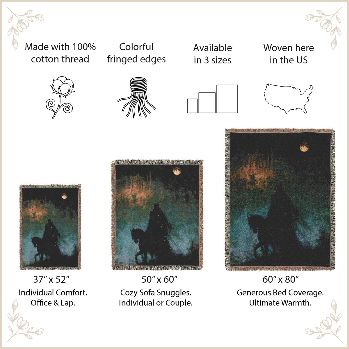 Product description of woven blankets with knight design, including size options and material details.