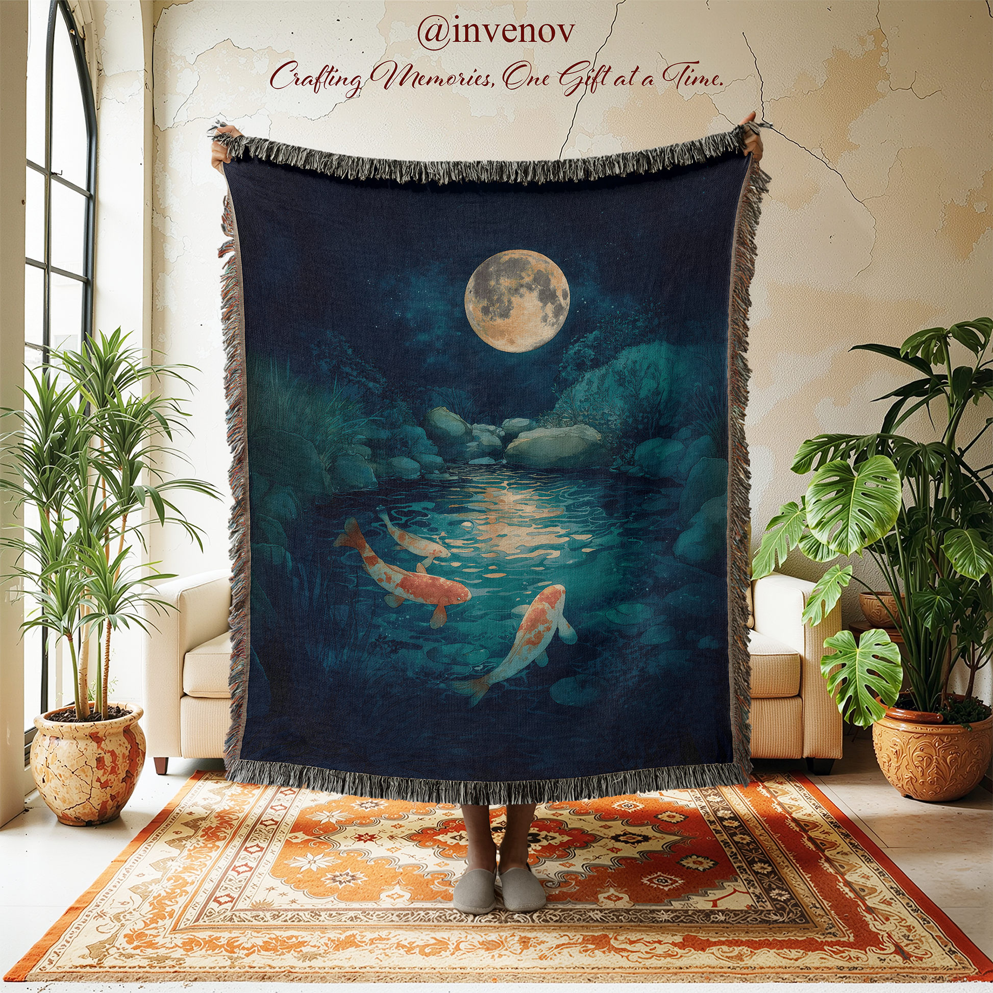Decorative blanket with a moonlit scene of koi fish in a room with plants and furniture.