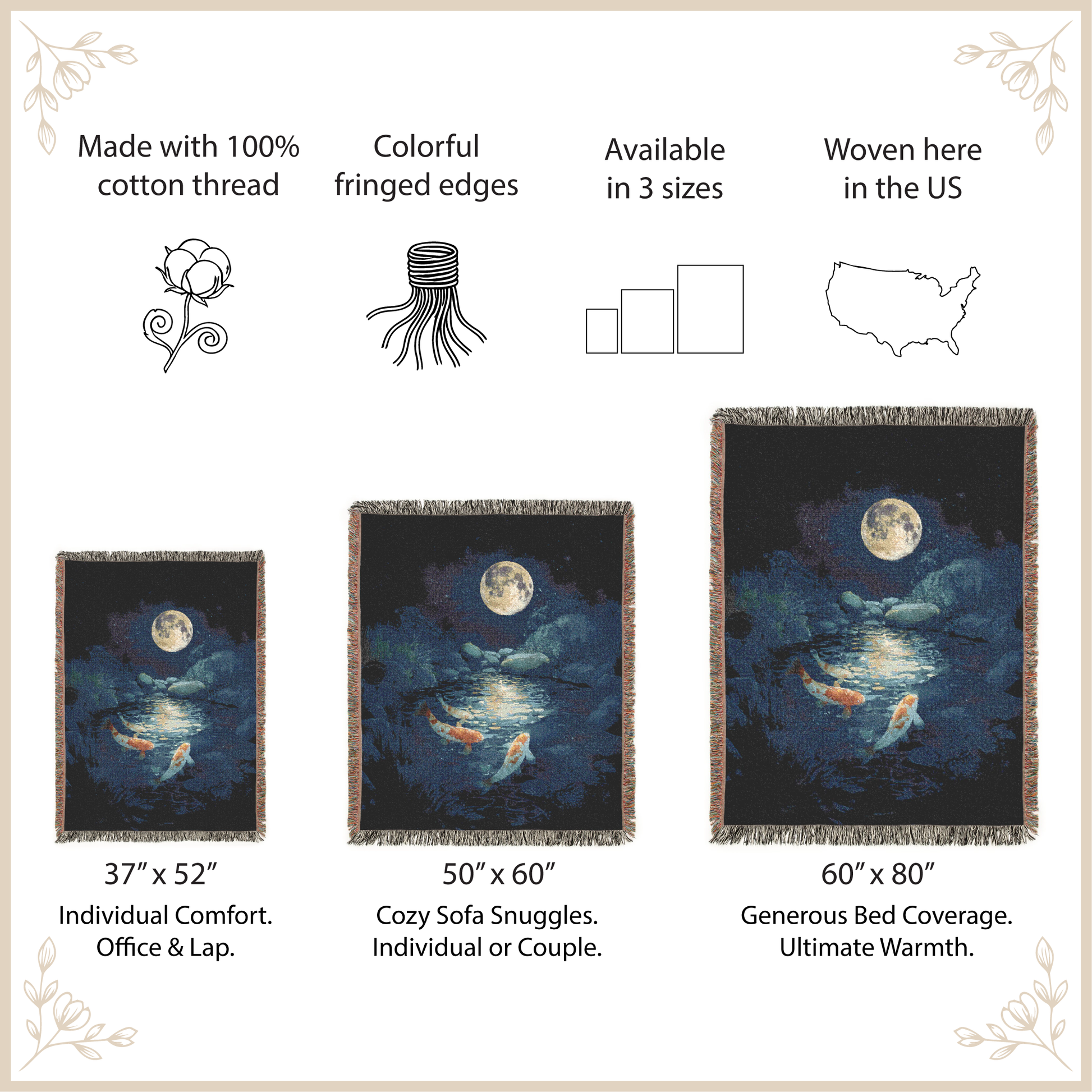 Three sizes of a woven blanket with a moon and fish design, displayed with product details.