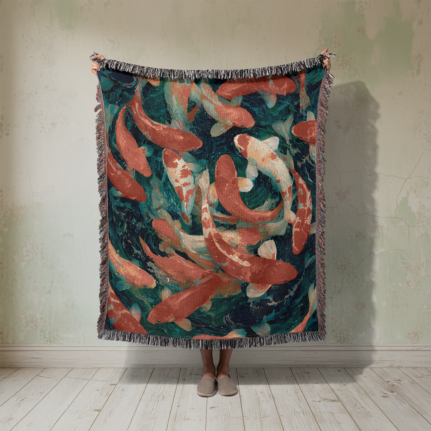 Koi Fish Woven Blanket, Japanese Art Tapestry, Maximalist Decor Throw, Chinoiserie Pond Life Jacquard, Coastal Decor Spiritual Gift