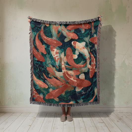 Koi Fish Woven Blanket, Japanese Art Tapestry, Maximalist Decor Throw, Chinoiserie Pond Life Jacquard, Coastal Decor Spiritual Gift