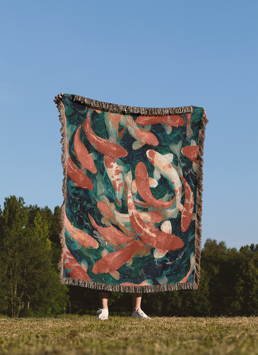 Koi Fish Woven Blanket, Japanese Art Tapestry, Maximalist Decor Throw, Chinoiserie Pond Life Jacquard, Coastal Decor Spiritual Gift