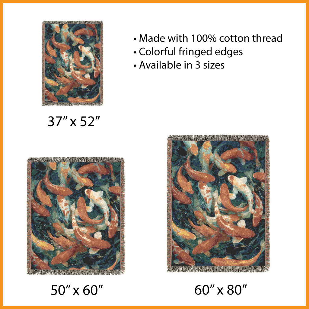 Koi Fish Woven Blanket, Japanese Art Tapestry, Maximalist Decor Throw, Chinoiserie Pond Life Jacquard, Coastal Decor Spiritual Gift