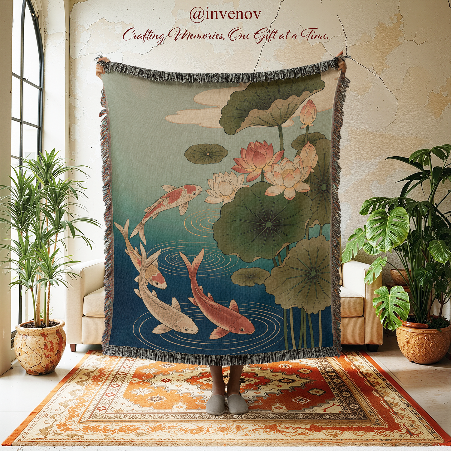 Decorative tapestry with koi fish and lotus flowers hanging in a room with plants and furniture.