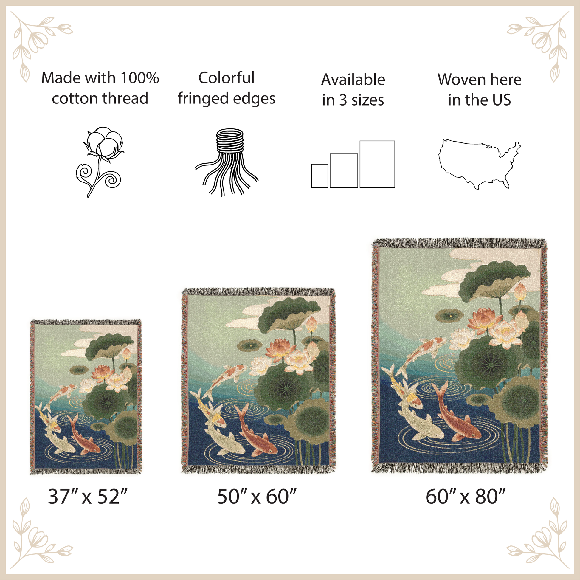 Decorative woven tapestries with fringed edges, shown in three sizes, on a light beige background.