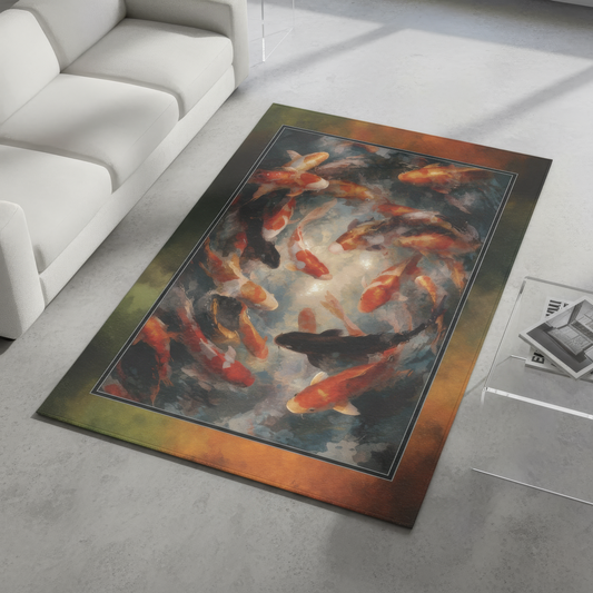 Decorative rug with koi fish design on a gray floor