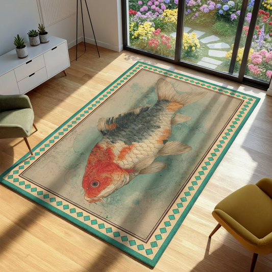 Decorative rug with a fish design on a wooden floor in a room with a garden view.