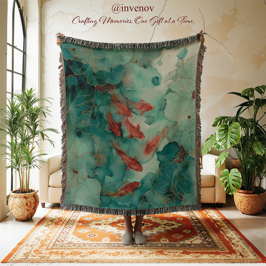 Decorative throw blanket with fish design in a room with plants and furniture.