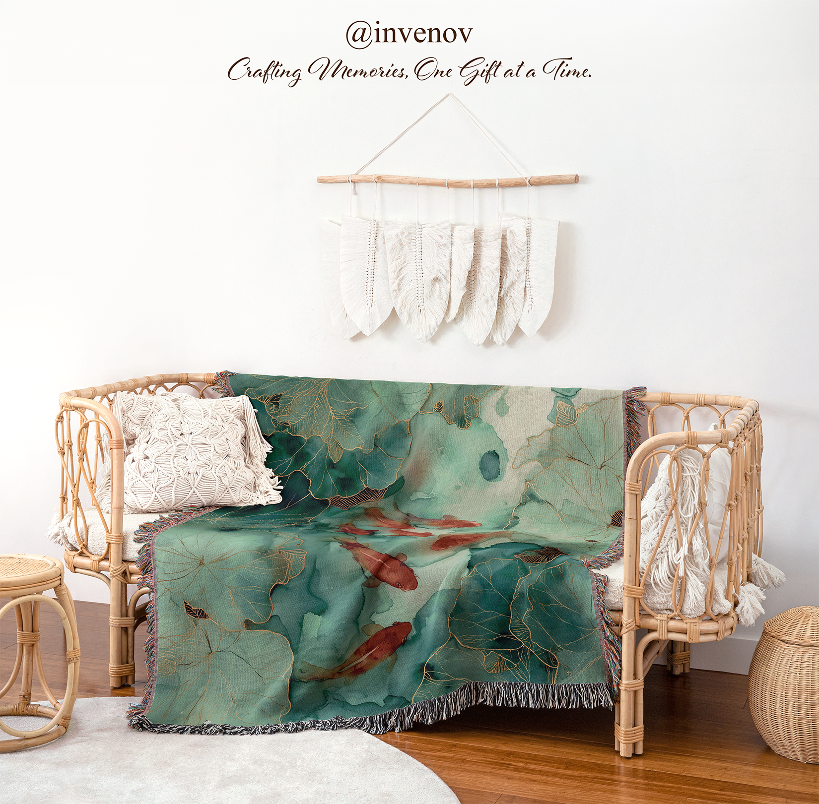 Decorative blanket with fish and leaf pattern draped over a wicker chair