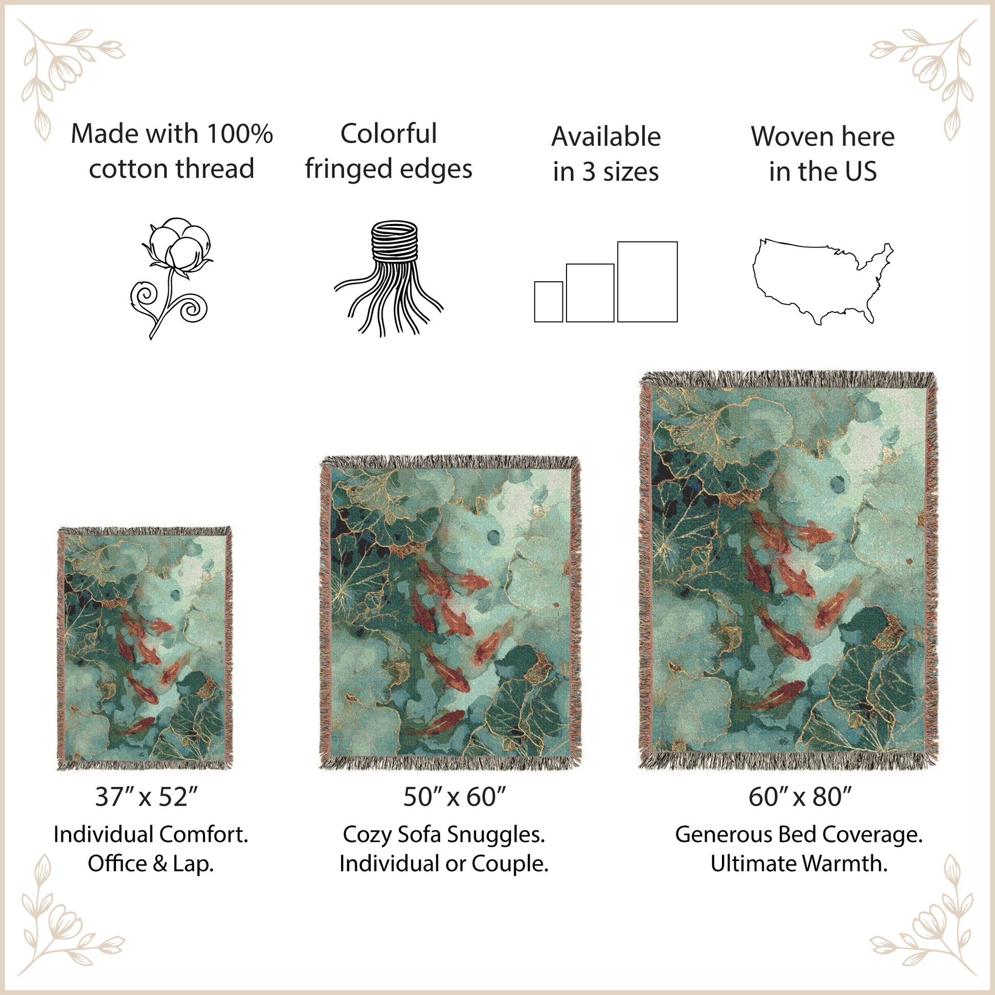 Product description of woven blanket with size options and features.