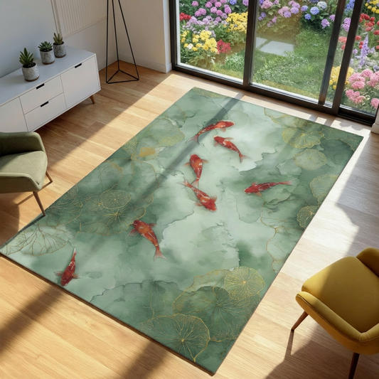 Decorative rug with fish and lotus design in a room with furniture and a garden view.
