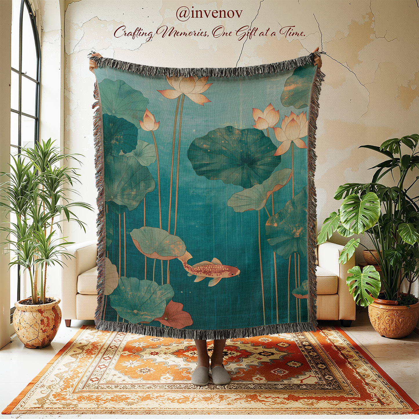 Decorative throw blanket with lotus flower and fish design in a room with plants and furniture.