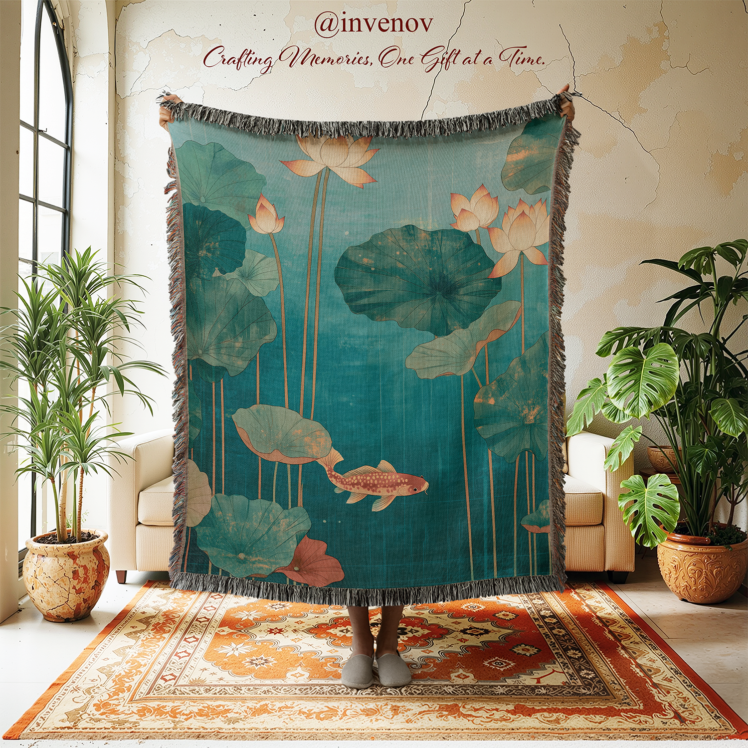 Decorative throw blanket with lotus flower and fish design in a room with plants and furniture.