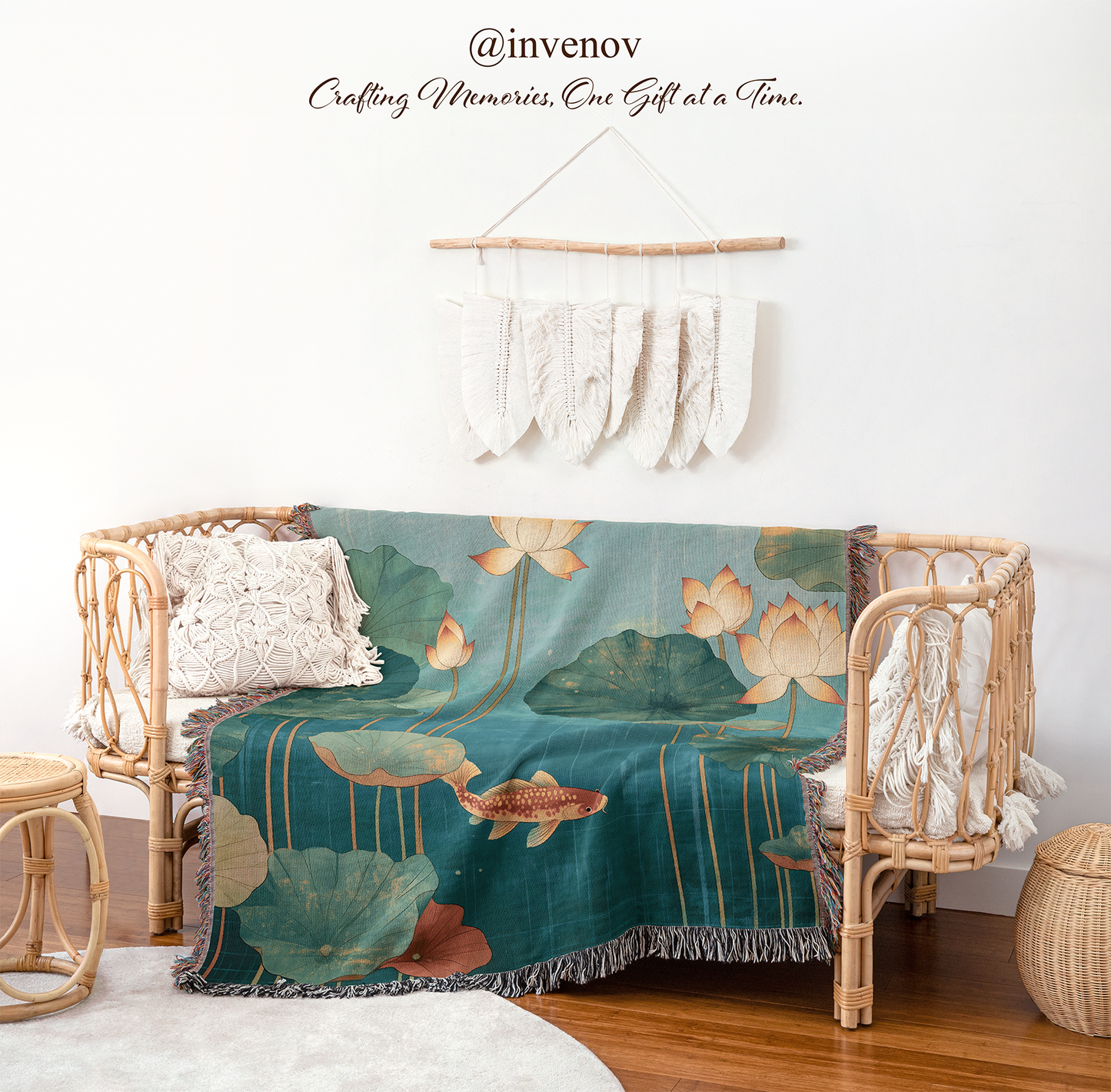 Decorative blanket with lotus design draped over a chair