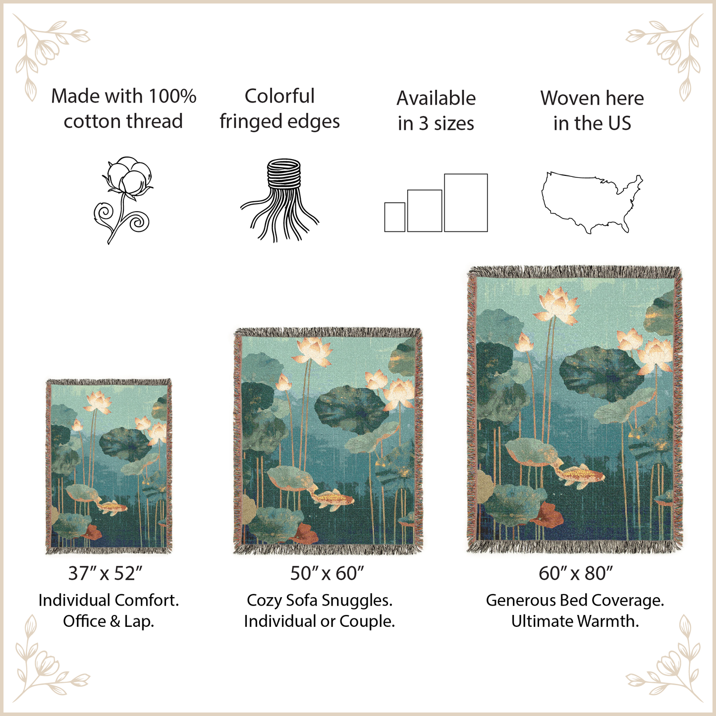 Decorative throw blanket with floral design and product size information on a beige background.