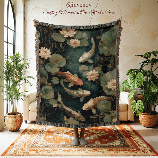 Decorative throw blanket with fish and lily pad design in a room with plants and furniture.
