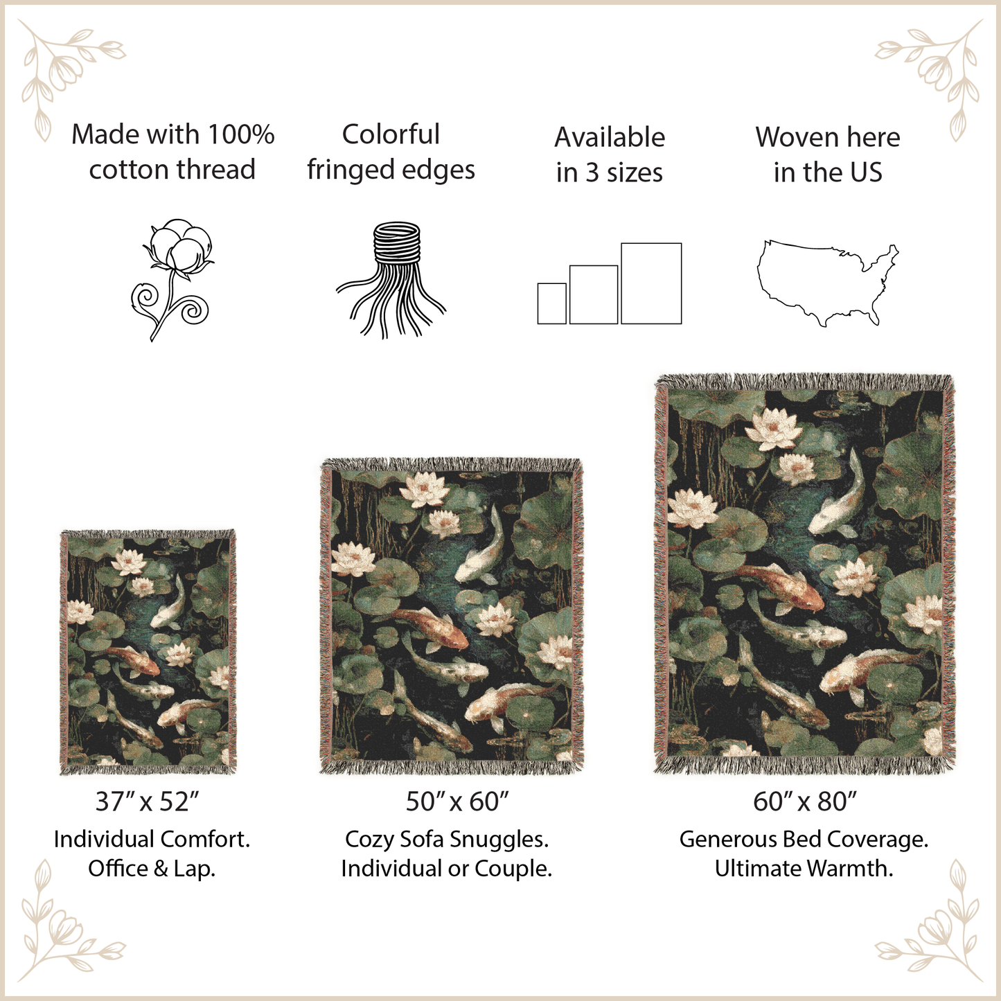 Decorative throw blanket with koi fish and lotus design, featuring product size information and manufacturing details.
