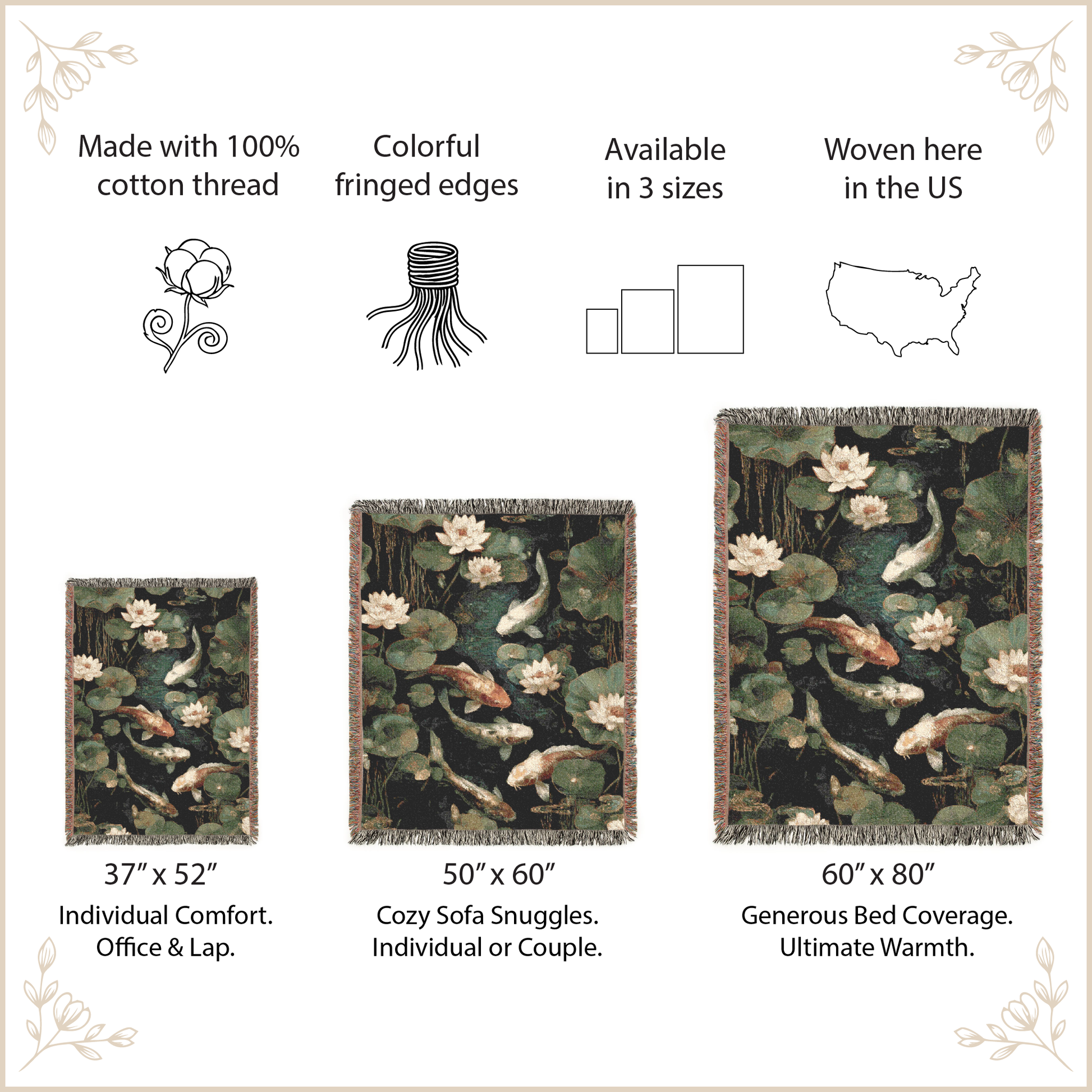 Decorative throw blanket with koi fish and lotus design, featuring product size information and manufacturing details.