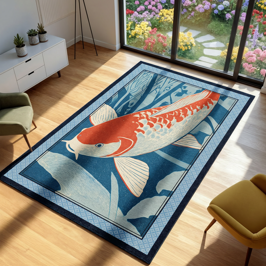 Decorative rug with a fish design on a wooden floor in a room with a garden view.