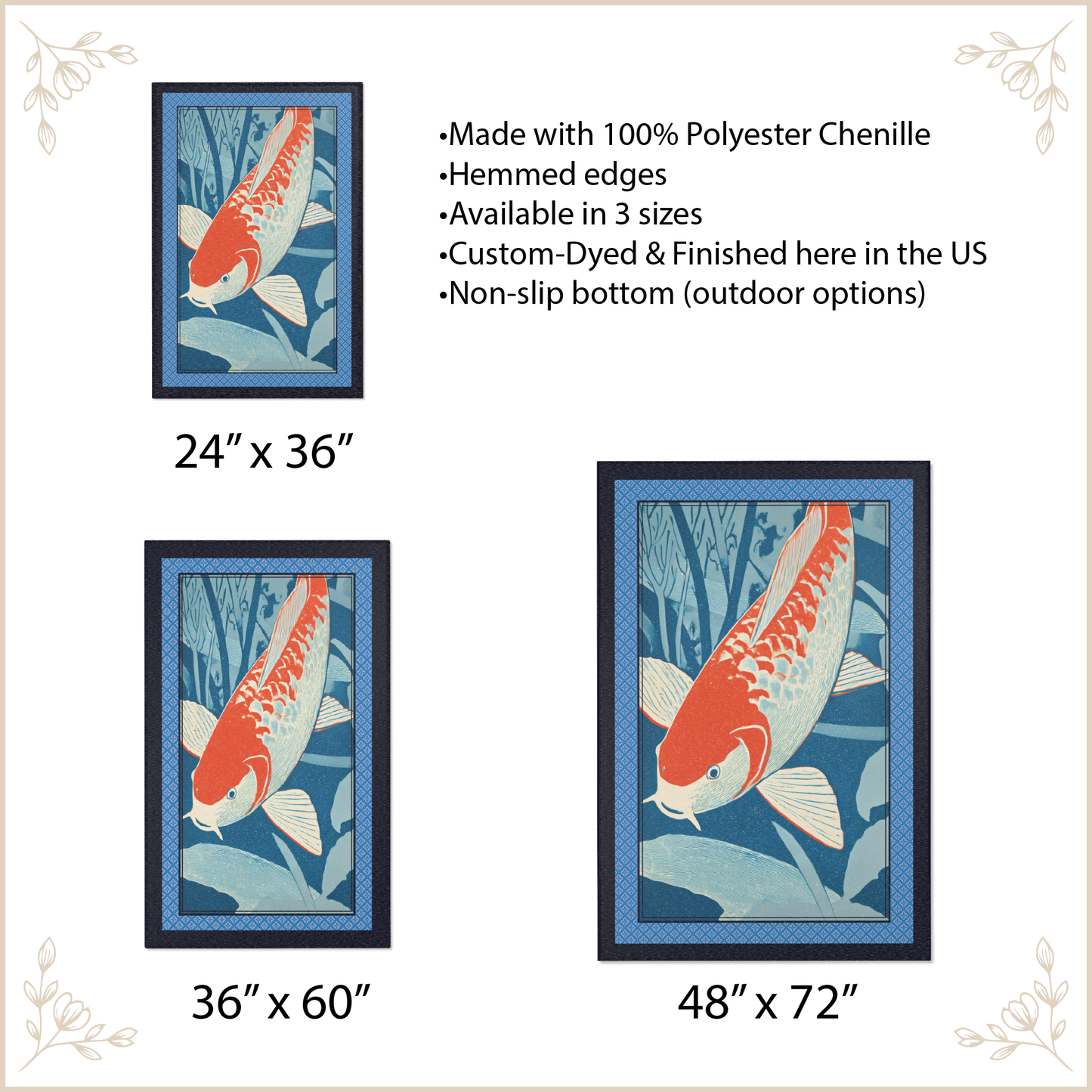 Decorative rug with koi fish design and size options on a beige background
